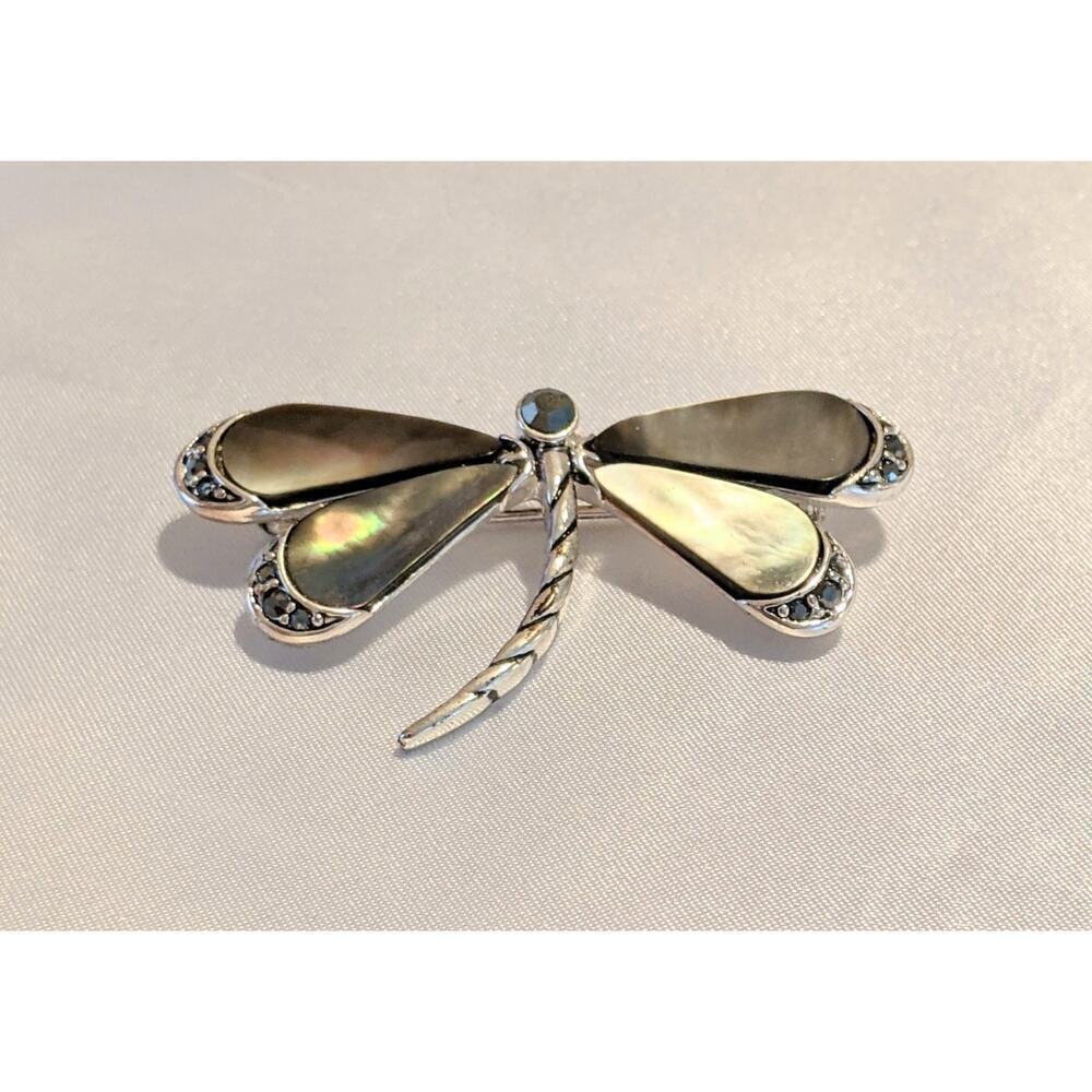 Monet Dragonfly Brooch Pin Gray Mother of Pearl Rhinestone Silver Tone Signed
